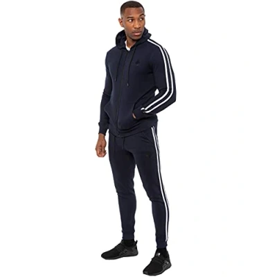 Image of Enzo Mens Full Tracksuit Set Regular Fit Striped Casual Zip Up Hoodie Joggers Gym Jogging Bottoms Hoody Top Sweat Pants Size S XXL (Navy, S, s)