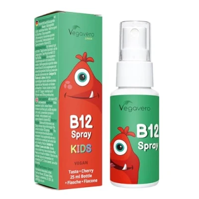 Image of Vegavero Vitamin B12 for Kids Spray Natural Cherry Flavour NO Artificial Additives Children’s Methylcobalamin &amp; Cyanocobalamin Xylitol 4 Months Supply 125 Sprays Vegan