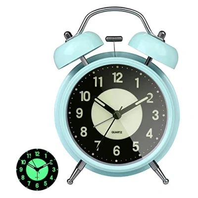 Image of GINZER Classical Retro Twin Bell Alarm Clock, Non Ticking Silent Bedside Clock With Backlight, Desk Nightlight, Loud for Heavy Sleepers Bedrooms Office, Battery Operated (Green)
