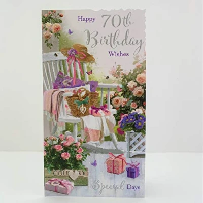Image of Beautiful Artistic Female 70th Birthday Card from The Velvet Moments Range Rocking Chair and Country Flowers Pretty Embossed, Foil Flitter Finish Greeting for Her (JJ VM098)