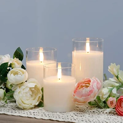 Image of JHY DESIGN Set of 3 Glass Wax Flameless Candles 3D Effect LED White Flickering Battery with 8 Key Remote Control Timer for Home Wedding Party Table(Pivoted Flame Shaped Tip)