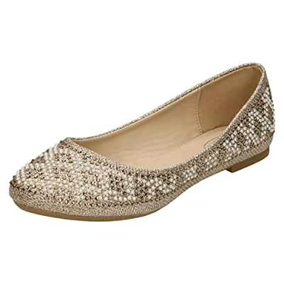 Image of Spot On Ladies Diamante Bead Ballerinas F80385 Rose Gold Glitter UK Size 6 EU 39 US 8