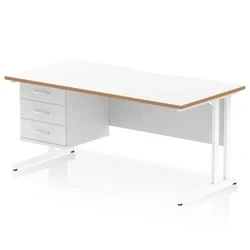 Image of Oslo 1600 x 800mm Edge Office Desk White Top Natural Wood Cable Managed Leg Workstation 1 3 Drawer Fixed Pedestal