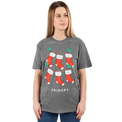 Image of Friends Christmas T Shirt for Women Ladies F.R.I.E.N.D.S TV Show Festive Stockings Grey Top Short Sleeve Central Perk Xmas Outfit M