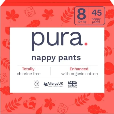 Image of Pura Eco Nappy Pants Size 8 (19kg+), 3 x 15 Nappies (45 Total), Pull Up Disposable Baby for Sensitive &amp; Allergy Prone Skin, Hypoallergenic, Fragrance Free, Easy Tear Side