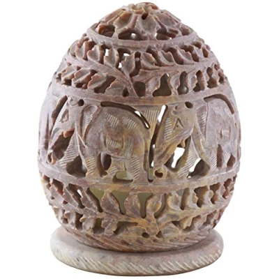 Image of 10.2 cm Candle Tealight Holder with Hand Carved Elephant and Tendrils Votive Holders Soapstone Figurines Decorative Centerpiece Tea Light Lantern for Home Garden Office