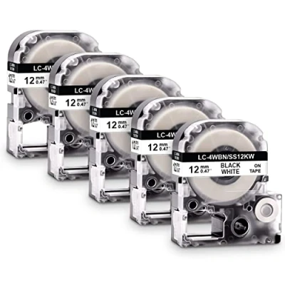 Image of 5 x Labelwell 12 mm Compatible Label Tape Replacement for Epson LC4WBN9 SS12KW Black on White Works LabelWorks LW300 LW300L LWC410 LW400 LW600P LW500 LW9000000000000000000 P LW700