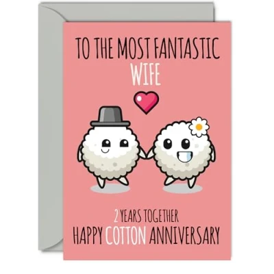 Image of Cute Cotton Anniversary Card for Wife 2 Years Together Happy 2nd Wedding Cards from Husband, A5 Greeting Second Anniversaries