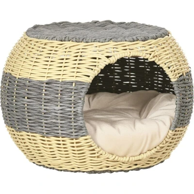 Image of PawHut Wicker Cat House, Rattan Raised Bed, Cosy Kitten Cave with Soft Washable Cushion, Φ40 x 30cm
