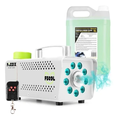 Image of Fuzzix F509LW Smoke Machine with Built in RGB LED Lights, Wireless Remote Control and 5L Green Fog Fluid for Halloween House Party