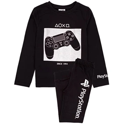 Image of PlayStation Pyjamas For Boys Kids Black Long Sleeve T Shirt With Trousers Gamer PJs Silver Console Controller Gamepad Merchandise 6 7 Years