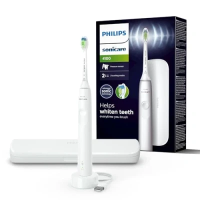 Image of Philips Sonicare 4100 Electric Toothbrush for Adults with 1 x W2 Optimal White Sonic Brush Head in White, Slim Travel Case and USB Charger (Model HX3683/33)
