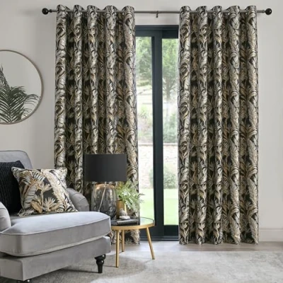 Image of Laurence Llewelyn Bowen Black Tropical Palm Tree Curtains W66 x L72 (168 183cm) Jacquard with Floral Leaf/Fern Luxury Drapes for Living Room &amp; Bedroom Paradise Collection