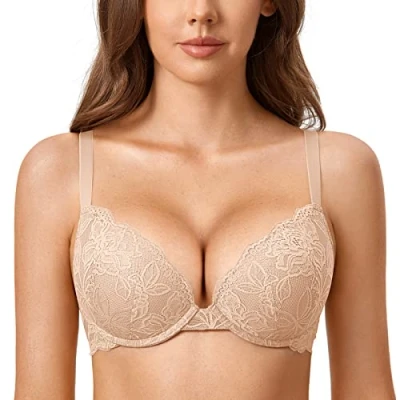 Image of DOBREVA Women&#039;s Push Up Lace Bra Sexy Plunge Padded Underwire Support Bras Lift Beige 34DD