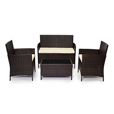 Image of EVRE Brown Rattan Garden Furniture Set Patio Conservatory Indoor Outdoor 4 Seater Piece Modular Sofa Loveseat Chair Glass Top Coffee Table with Cushions