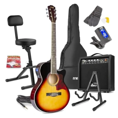 Image of MAX ShowKit Beginner Acoustic Guitar Starter Kit in Sunburst with Amplifier, Folding Musician Stool Backrest, Stand and Accessories Complete Electro Set
