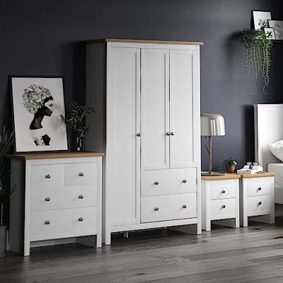 Image of Vida Designs Arlington 4 Piece Bedroom Sets, Bedside cabinet x2, Chest of Drawer &amp; Wardrobe (White, 2 D x2/ Chest/ 3 Door Wardrobe)