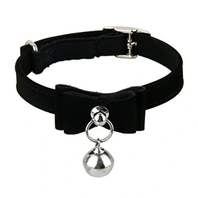 Image of Adjustable Velvet Cat Kitten Neck Collar with Bell (Black)