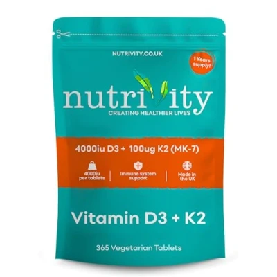 Image of Vitamin D3 4000 IU &amp; K2 MK7 100µg Vegetarian D and Supplements High Strength Supplement 1 Year Supply Tablets Easy to Swallow A Day Made in The UK