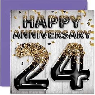 Image of Awesome 24th Anniversary Card for Husband Boyfriend Wife Girlfriend Black Gold Glitter Balloons Happy 24 Cards from Family, 145mm x Greeting Twenty Fourth Anniversaries