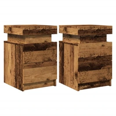 Image of vidaXL Bedside Cabinets with LED Old Wood Engineered 35x39x55 cm for Bedroom or Living Room 2 Piece Set