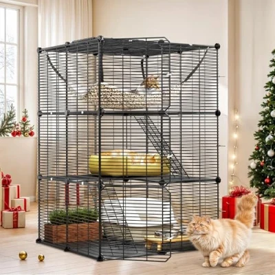 Image of YITAHOME Cat Cage Indoor Enclosures 3 Tiers DIY Playpen, with Metal Wire Dense, Kennel Extra Large Hammock for 1 2 Cats, Ferret, Chinchilla, Rabbit, Small Animals, Black