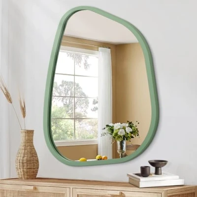 Image of HLFMVWE Asymmetrical Mirror for Wall Irregular Wood Frame Modern Unique Decorative Vanity Bathroom Living Room Bedroom Entryway Hallway Artistic 35 x 25CM