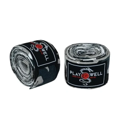 Image of Playwell Boxing, MMA, Muay Thai Cotton Grey Camo Hand Wraps 4 Meter Long