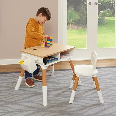 Image of Liberty House Toys Kids Scandi Height Adjustable Table and Chair Set, Engineered Wood, White Pine, H49/52/55 x W65 D55cm