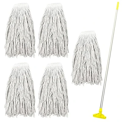 Image of Kentucky Mop Set, Colour Coded Industrial Includes x5 Head, x1 Solid Aluminium Handle &amp; Plastic Clip, Commercial Grade Heavy Duty for Cleaning Floors (Yellow)