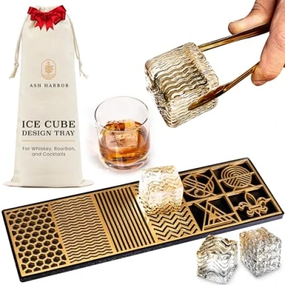 Image of Ice Designer Tray Craft Modern Molds for Whiskey, Bourbon, &amp; Cocktails in 5 Seconds Whiskey Mold Cube Stamp Bartender Accessories Clear by Ash Harbor (Patterns)