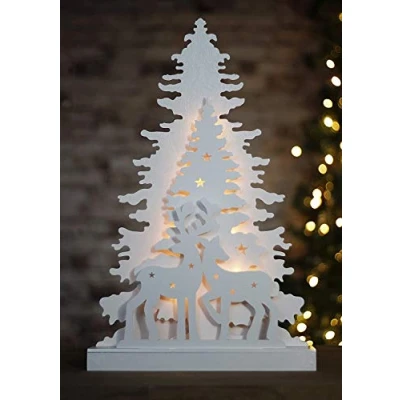 Image of Garden Mile HomeZone White Wooden Reindeer Light Up Christmas Ornament Xmas Tree Decoration Festive Table Centerpiece LED Lights Pre Lit Rustic Battery Operated