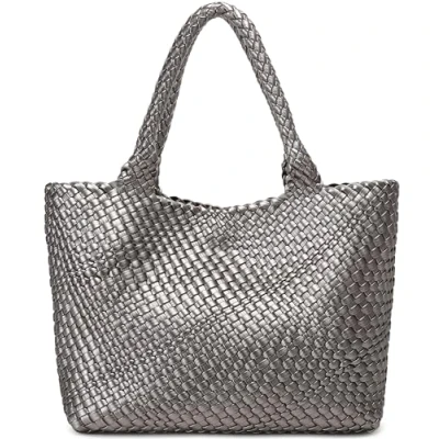 Image of Queenoris Woven Bag for Women, Fashion Top Handle Shoulder Vegan Leather Shopper Large Travel Tote Bag, Silver