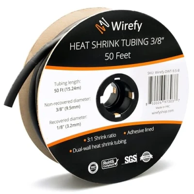 Image of Wirefy 3/8&quot; Heat Shrink Tubing 3:1 Ratio Adhesive Lined Marine Grade Black 50 Feet Roll