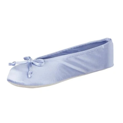 Image of isotoner Women&#039;s Satin Ballerina Slippers with Classic Ribbon Suede Sole, Periwinkle Soft Tie Bow, 3/4 UK