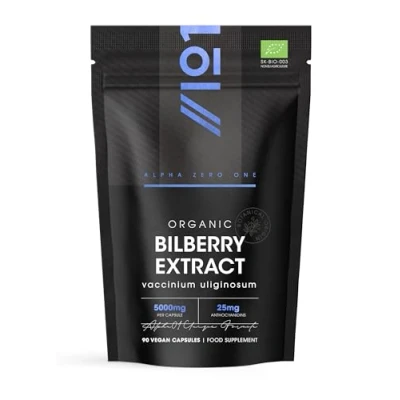 Image of Organic Bilberry Extract 5000mg High Strength 5% Anthocyanidins 90 Vegan Capsules (3 Months Supply) Resealable and Recyclable Pouch by Alpha01