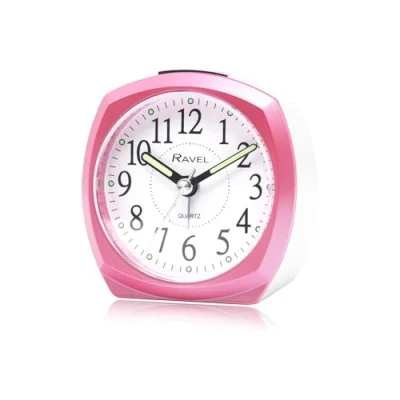 Image of Ravel Midsize Small Two Toned Pastille Alarm Clock with Snooze and Light Analogue Quartz RC047.5 White/Pink