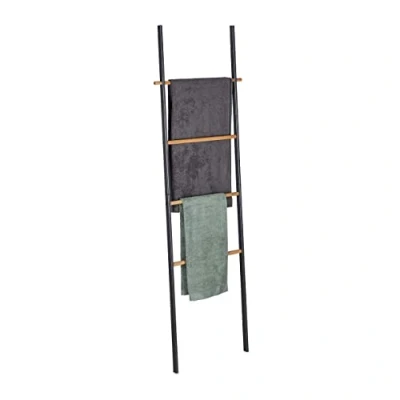Image of Relaxdays Ladder, Wood &amp; Metal, 4 Bars, for Towels Clothes, to Lean Against Wall, HWD: 171x50x3 cm, Anthracite