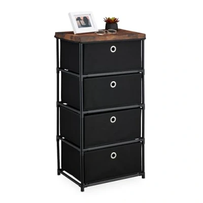 Image of Relaxdays Dresser Storage Unit, 4 Fabric Drawers, Metal, Wood Effect, 85x43x33 cm, Side Table, Organiser, Black/Brown, Steel