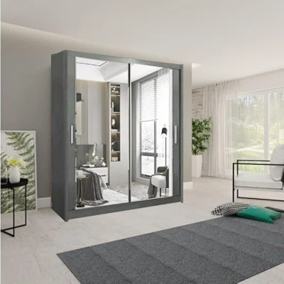Image of A.C. Milan German Modern Double Mirror sliding door wardrobe with LED Light Width 100cm/120cm/150cm/180cm/203cm/250cm (Grey, 150 CM)