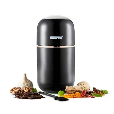 Image of Geepas Coffee Grinder 80 g Capacity Stainless Steel Bowl &amp; Double Blades Electric Dried Spice Nuts Herbs Beans Small Fixed Mill with Transparent Lid 2 Year Warranty, 200W, Black