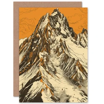 Image of Artery8 K2 Mountain Peak Climbers White and Orange Linocut Travel Birthday Sealed Greeting Card Plus Envelope Blank inside