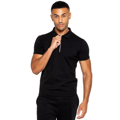 Image of 989Zé ENZO Mens Polo Shirt Regular Fit Summer Tee Zip Collar Short Sleeve Casual T EZPL617 Black XL