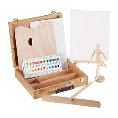 Image of Relaxdays Art, 22 Piece Set, Lay Figure, Mixing Palette, Brush, Table Easel, Canvas &amp; Paint, Natural, wood, material, acrylic, 30.5 x 32 7.5 cm