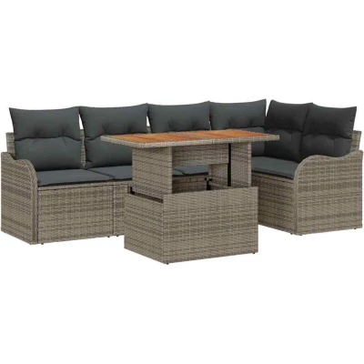 Image of vidaXL 6 Piece Garden Sofa Set with Cushions Grey Poly Rattan Acacia