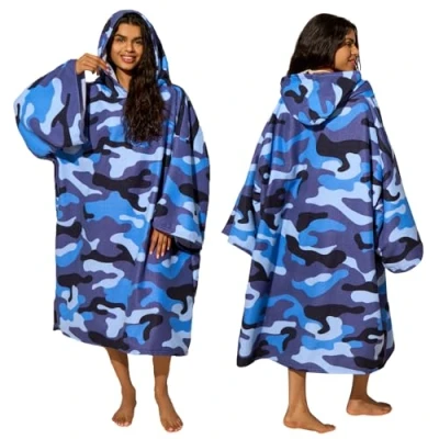 Image of Brentfords Camo Hooded Towel for Adults Men Women, Quick Dry Beach Towels Changing Robe Large Bath Swim Surf Absorbent Soft Microfibre Towel, Navy Blue