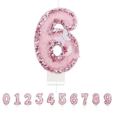 Image of Number 6 Candle,Pink Butterfly Birthday Candles for Girl,Cake Topper Decoration Girls Party