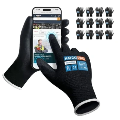 Image of KAYGO Work Gloves PU Coated 12 Pairs Touchscreen, KG11PBE, Safety Working with Secure Grip on Palm &amp; Fingers, for Men and Women, Ideal General Duty Work, Gardening (X Large, Black)