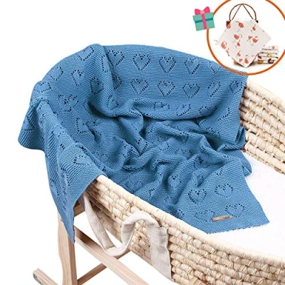 Image of Baby Soft Knit Lovely Cotton Pure Blanket for Boys and Girls, Odot Toddler Warm Swaddle Sleeping Square Throw Blankets Knitted Patterns Pram Cot Bed Textured Sleep (Blue,100 x 80 cm)