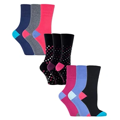 Image of Gentle Grip 9 Pair Multipack Ladies Cotton Crew Non Elastic Socks Womens Soft Top Striped Patterned Binding (4 8, Bright Mix)